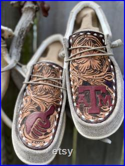 Hey Dude s Custom Leather Texas AandM Game Day Shoes Hand Tooled