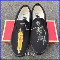 Horror Movie Skeleton Hanging Spooky Scary Halloween Custom Slip On Vans Shoes For Men and Women Black on Black Vans