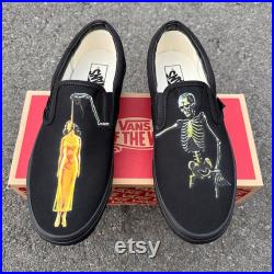 Horror Movie Skeleton Hanging Spooky Scary Halloween Custom Slip On Vans Shoes For Men and Women Black on Black Vans