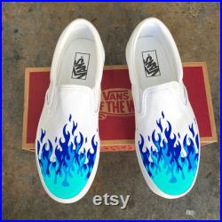 Hot Blue Flame Shoes Custom Vans White Slip On Dark Blue Neon Blue Bright Blue Fire Hot Flame Hot Cheetos Azula Fire Nation Flames