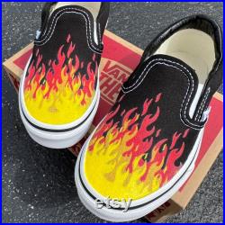 Hot Flame Shoes Custom Vans Black Slip On Red Orange Yellow Fire Hot Flames Hot Cheetos Flaming Hot Cheetos Flamin' Hot Cheetos