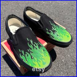 Hot Green Flame Shoes Custom Vans Black Black Slip Forest Green Neon Green Fire Hot Flames Shoes for Men and Women. Youth Sizes Available