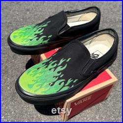 Hot Green Flame Shoes Custom Vans Black Black Slip Forest Green Neon Green Fire Hot Flames Shoes for Men and Women. Youth Sizes Available