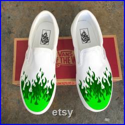 Hot Green Flame Shoes Custom Vans White Slip Forest Green Neon Green Fire Hot Flames Hot Cheetos Flaming Hot Cheetos Shego Buttercup