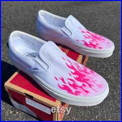 Hot Pink Flame Shoes Custom Vans White Slip On Pink Hot Pink Pastel Pink Fire Hot Flames Hot Cheetos Flaming Hot Cheetos