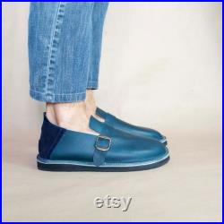 LENCHO Loafers shoes in navy blue leather and matching color suede