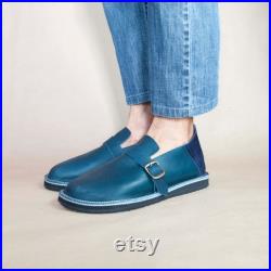LENCHO Loafers shoes in navy blue leather and matching color suede