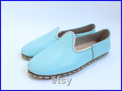 Light Blue Traveler Shoes Comfortable Women Slip Ons Handmade Leather Men Flats House Slippers Medieval Christmas Gifts