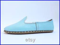 Light Blue Traveler Shoes Comfortable Women Slip Ons Handmade Leather Men Flats House Slippers Medieval Christmas Gifts
