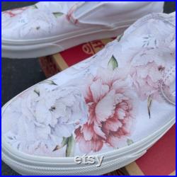 Light Spring Peony Flower Wedding Custom White Slip On Vans Bridal Shoes Wedding Sneakers Wedding Shoes for Bride Wedding Shoes for Groom