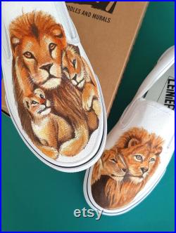 Lion and Lioness Painted Custom Vans Sneakers for Safari Lover Gift Ideas for Animal Kingdom Painting of Lion Family Portrait Artwork