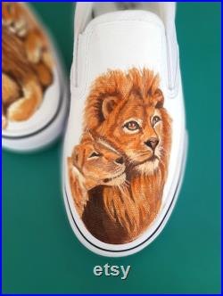 Lion and Lioness Painted Custom Vans Sneakers for Safari Lover Gift Ideas for Animal Kingdom Painting of Lion Family Portrait Artwork