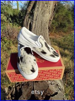 Made to Order, OOAK Custom, white and black hair-on hide, handcrafted, hand stitched, Vans new with box, western wedding shoes