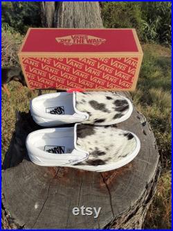 Made to Order, OOAK Custom, white and black hair-on hide, handcrafted, hand stitched, Vans new with box, western wedding shoes