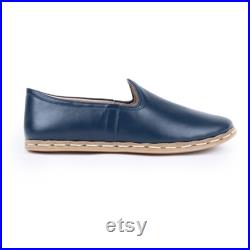Men Dark Blue Handmade Leather Slip On, Leather Slip On, Traditional Shoes, Leather Loafer, Vintage Shoes, Leather Flat Shoes, Turkish Shoes