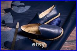 Men Dark Blue Handmade Leather Slip On, Leather Slip On, Traditional Shoes, Leather Loafer, Vintage Shoes, Leather Flat Shoes, Turkish Shoes