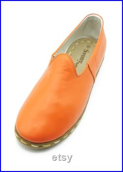 Men's Orange Handmade Leather Shoes, Traditional Yemeni Shoes, Turkish Shoes, Daily Leather Shoes,