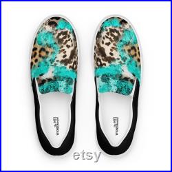 Men s Slip-on Canvas Shoes with Turquoise and Leopard Print, Boat Shoes, Loafers, Sneakers, Birthday Gift, Gift for Him, Designer Shoes