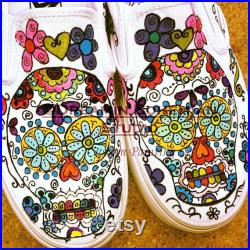 Mens Vans Shoe Custom Hand Painted Dia de los Muertos Design Perfect for Day of the Dead, Sugar Skulls on White tennis shoe, Colorful Design