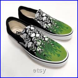 Multiple Skull Head Tile Print Spooky Black Slip On Vans Shoes Skull Skeleton Anatomy with Green Flames