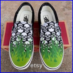 Multiple Skull Head Tile Print Spooky Black Slip On Vans Shoes Skull Skeleton Anatomy with Green Flames