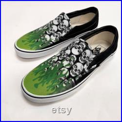 Multiple Skull Head Tile Print Spooky Black Slip On Vans Shoes Skull Skeleton Anatomy with Green Flames