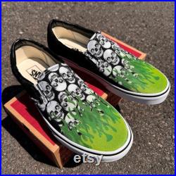 Multiple Skull Head Tile Print Spooky Black Slip On Vans Shoes Skull Skeleton Anatomy with Green Flames