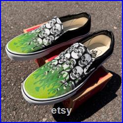 Multiple Skull Head Tile Print Spooky Black Slip On Vans Shoes Skull Skeleton Anatomy with Green Flames