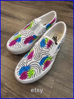 One of A Kind Hand Painted Vans Shoes. Abstract Design with Blue Light Reactive Paints.