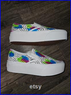 One of A Kind Hand Painted Vans Shoes. Abstract Design with Blue Light Reactive Paints.