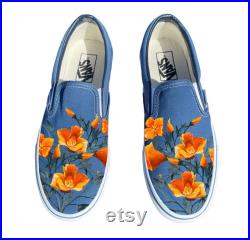 Orange Poppy Flower Spring Floral Navy Slip On Vans for Men and Women