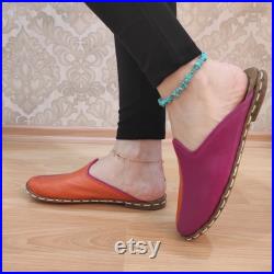 Orange and Purple Handmade Yemeni Slippers, Sheepskin Slippers, Leather Slips On, Turkish Slippers, Houes Slippers
