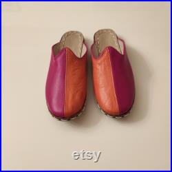 Orange and Purple Handmade Yemeni Slippers, Sheepskin Slippers, Leather Slips On, Turkish Slippers, Houes Slippers