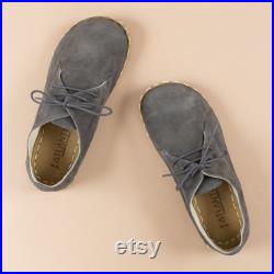Oxford Barefoot Gray Nubuck Leather Handmade Men Classic Yemeni Shoes, Natural, Colorful, Slip-On