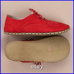 Oxford Barefoot Red Nubuck Leather Handmade Men SPORT Yemeni Shoes, Natural, Colorful, Sustainable Slip-Ons