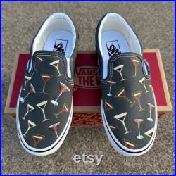 Party Time Custom Slip On Charcoal Vans Martini Party Martini Drink Glass Pattern