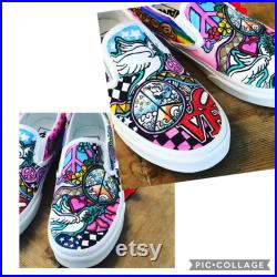 Peace, love, yoga, music inspired custom hand drawn, hand painted slip on Vans sneakers Lets create your own unique pair