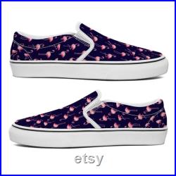 Pink Flamingo Pattern on Dark Blue Printed Slip-on Canvas Shoes for Teenagers and Adults, Trendy slip on shoe gift