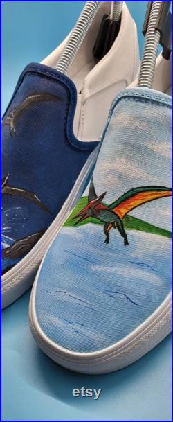 Pterodactyl Dinosaur Theme Custom Painted Vans, Adult Men's Women's Kids Unisex Slip On Shoes