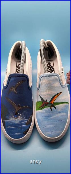 Pterodactyl Dinosaur Theme Custom Painted Vans, Adult Men's Women's Kids Unisex Slip On Shoes