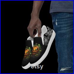 Pumpkin and Spiderwebs Men s Slip-on Black Canvas Shoes Halloween Witch Witchy Witchcraft Spooky Pagan Wicca
