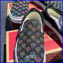 Rave Trippy Mushroom Shoes Custom Vans Black Slip On Shoes Psychedelic Colorful Abstract Groovy Funky Hippie Rainbow Shroom