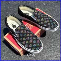 Rave Trippy Mushroom Shoes Custom Vans Black Slip On Shoes Psychedelic Colorful Abstract Groovy Funky Hippie Rainbow Shroom