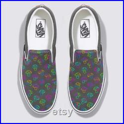 Rave Trippy Mushroom Shoes Custom Vans Charcoal Grey Slip On Shoes Psychedelic Colorful Abstract Groovy Funky Hippie Rainbow Shroom on