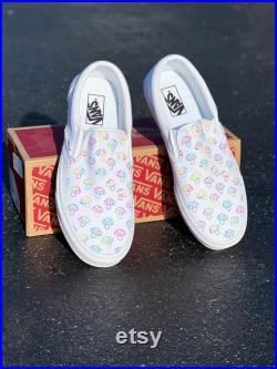 Rave Trippy Mushroom Shoes Custom Vans White Slip On Shoes Psychedelic Colorful Abstract Groovy Funky Hippie Rainbow Shroom