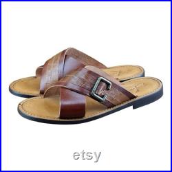 ReFerdinando Vero Cuoio Men's BROWN Leather Slides Sandasl shoes Made In Italy