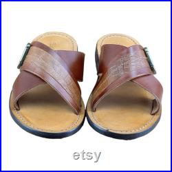 ReFerdinando Vero Cuoio Men's BROWN Leather Slides Sandasl shoes Made In Italy