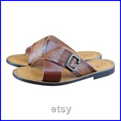 ReFerdinando Vero Cuoio Men's BROWN Leather Slides Sandasl shoes Made In Italy