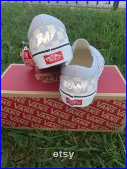 Ready to ship Bad Bunny Reflective Checkerboard Slip-on Vans Custom Vans Size 4.5 Men 6 Women Color Baby Blue