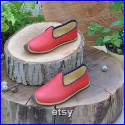 Red Color Handmade Leather Women's Shoes, Unisex Style Oxford Sandals, Boho Light Comfortable Flats, Retro Leather Shoes, Mothers Day Gift,